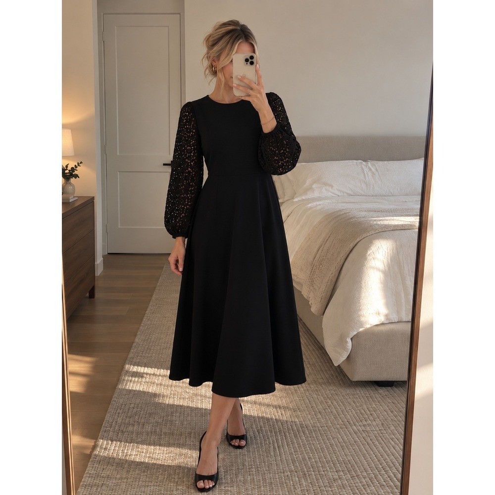 Boden Eyelet Lace Sleeve Midi Dress Black Luxury Parisian Modern Size 8P